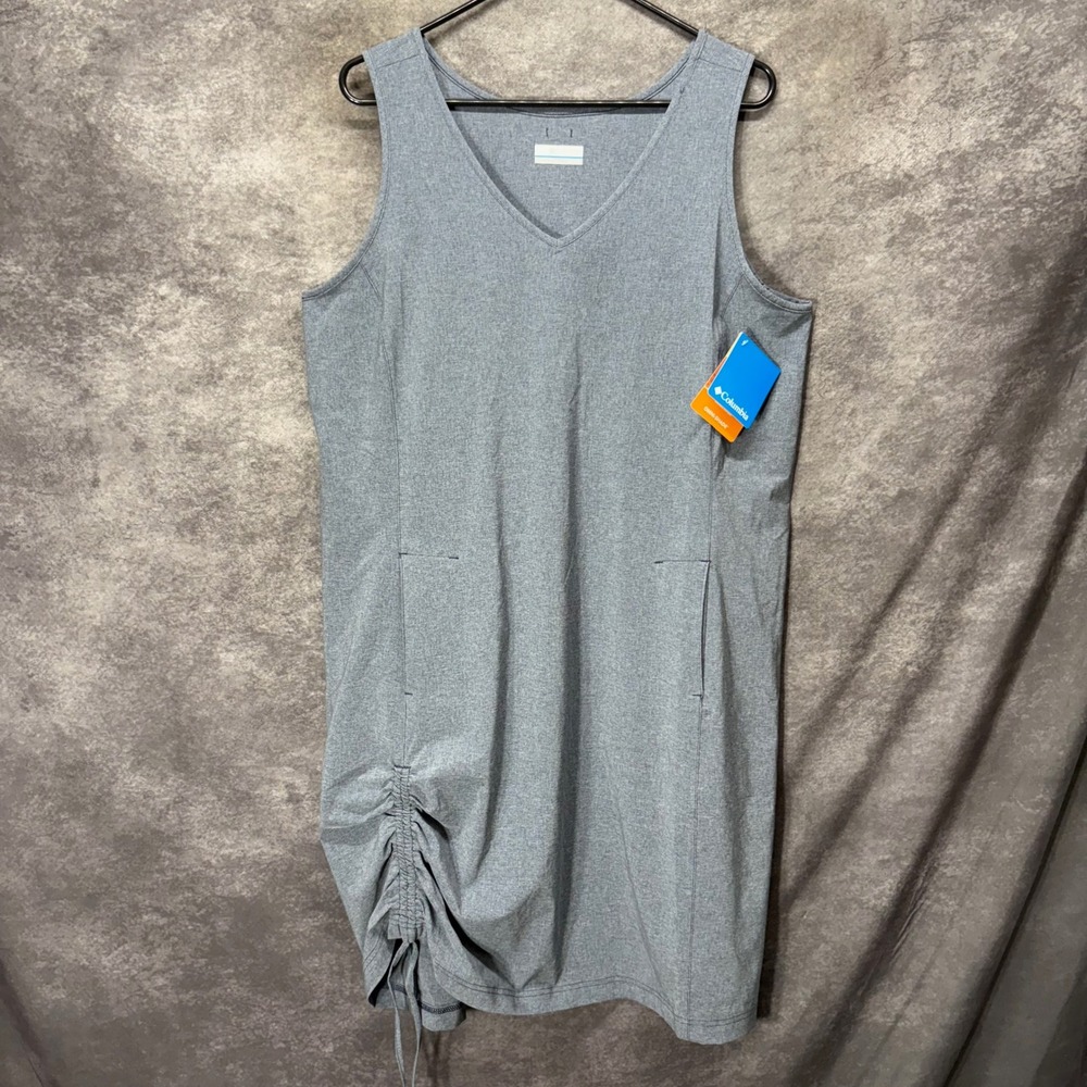 Columbia Anytime Casual III Dress Size 1X Gray Tie Ruched Omnishade UPF